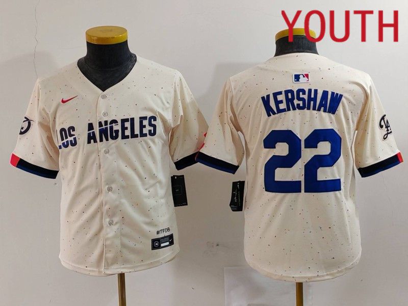 Youth Los Angeles Dodgers 22 Kershaw Cream Fashion Nike Game MLB Jersey style 701